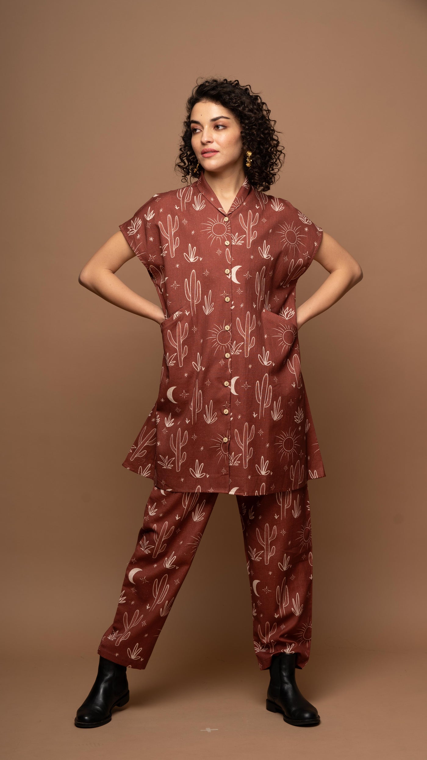 Deep Rust Whimsy Co-ord Pants Set in Siesta in the desert Pattern