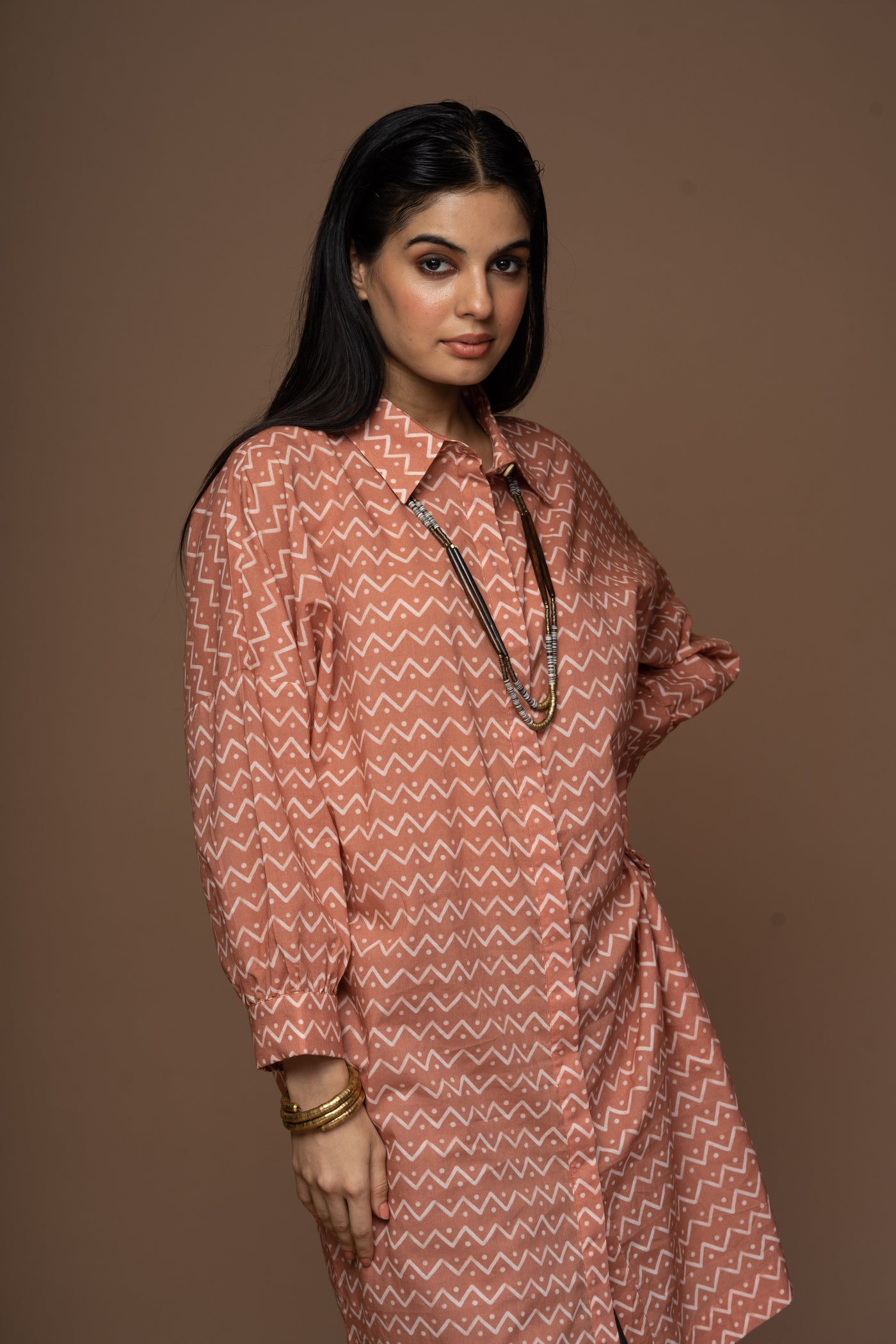 Terracotta Saga Kurta in Zig Zag and Back Pattern