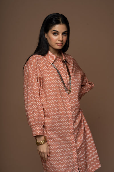 Terracotta Saga Kurta in Zig Zag and Back Pattern