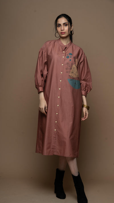 Muted Desert Rose Leafy Elegance Shirt Dress