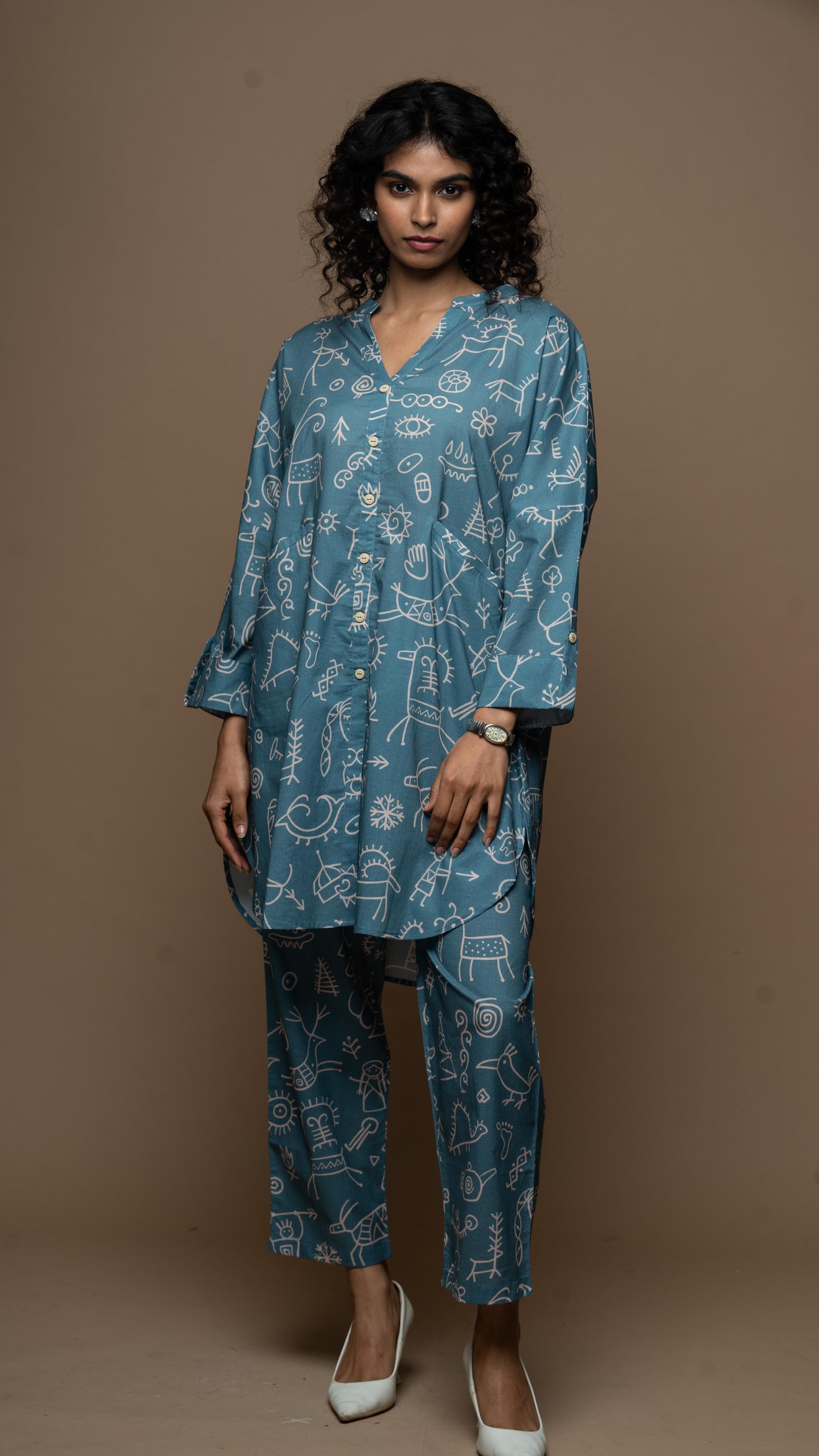 Muted Blue Myra Co-ord Kurta Set in In our cave Pattern