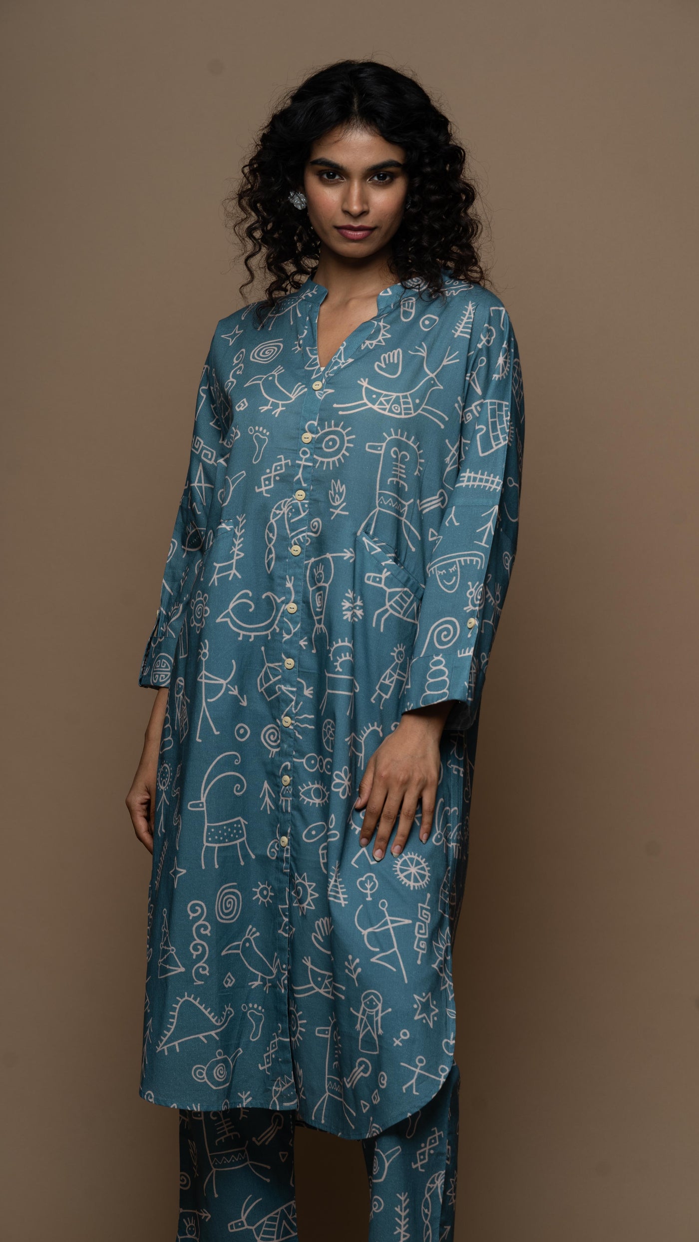 Muted Blue Myra Co-ord Kurta Set in In our cave Pattern
