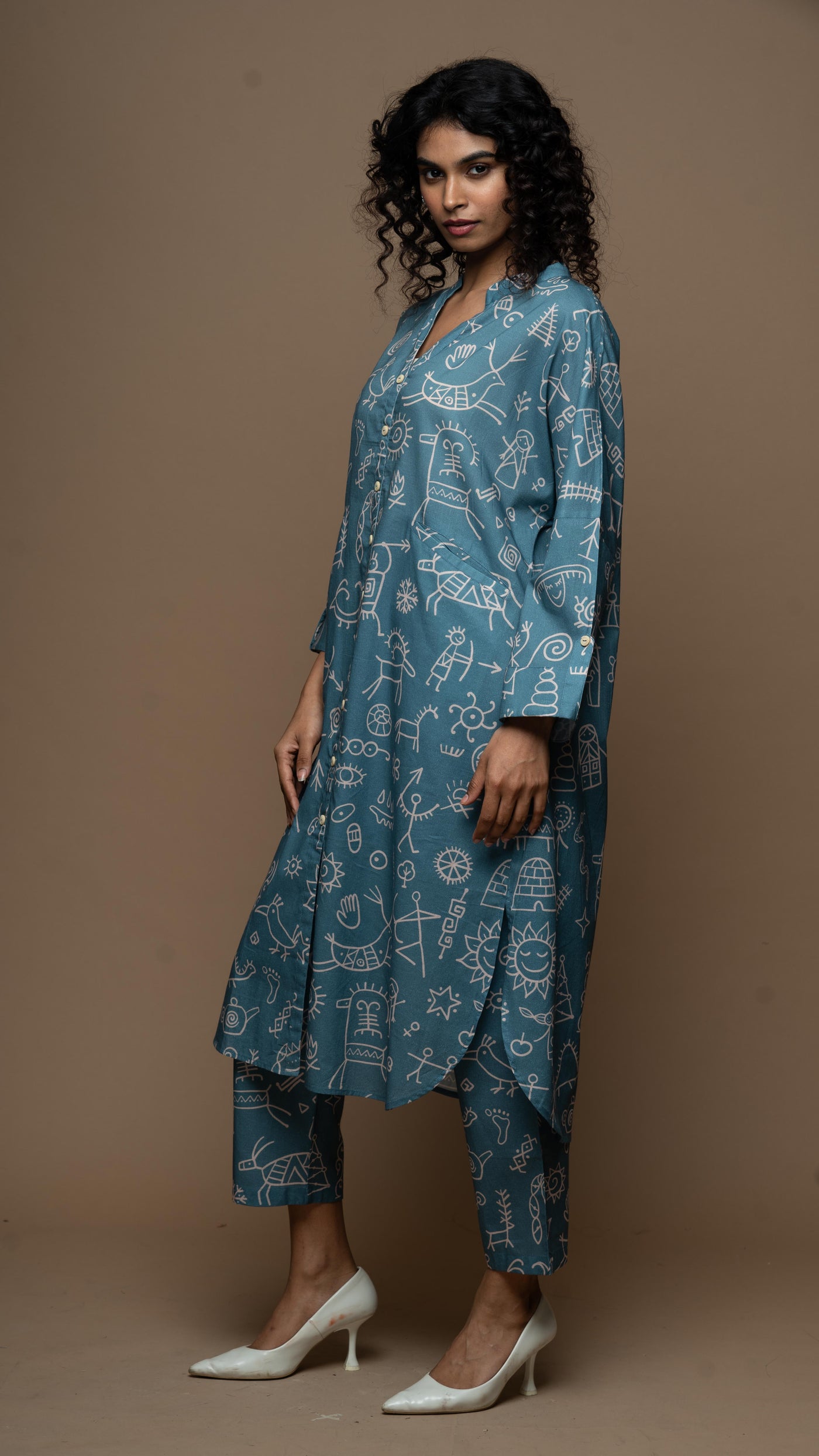Muted Blue Myra Co-ord Kurta Set in In our cave Pattern