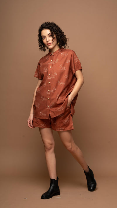 Deep Rust Serene Co-ord Shorts Set in Keep Floating Pattern