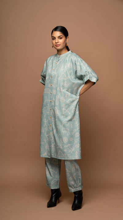 Dusty Blue Bliss Co-ord Pants Set in In our cave Pattern