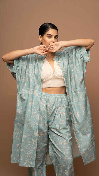 Dusty Blue Bliss Co-ord Pants Set in In our cave Pattern