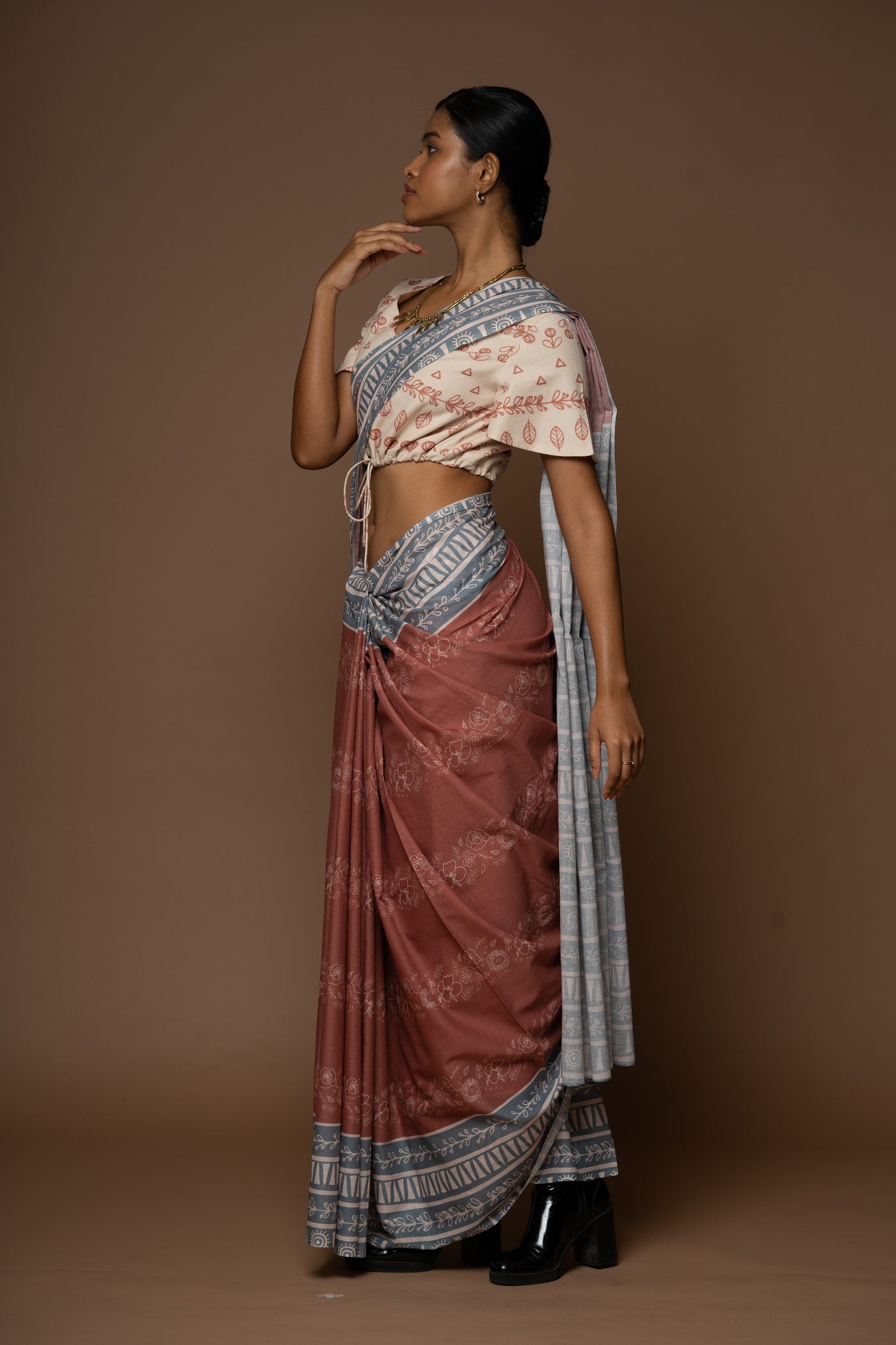 Striped Blossoms Cotton Sari