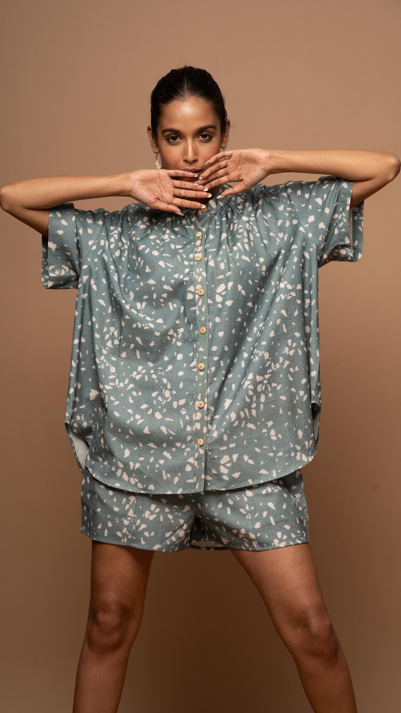 Dark Sage Zest Co-ord Shorts Set in Terrazzo Love Pattern