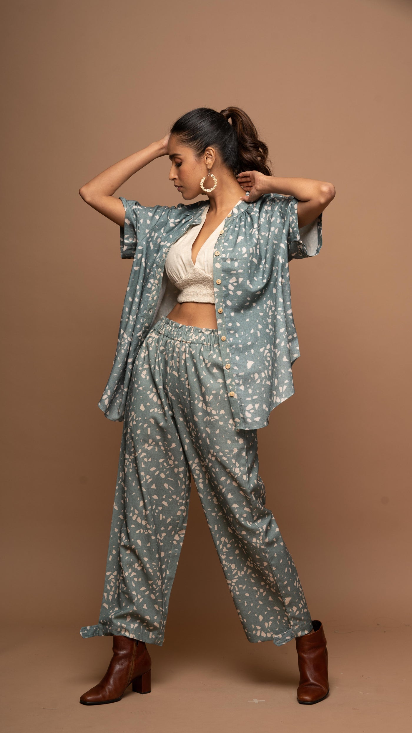 Dark Sage Zest Co-ord Pants Set in Terrazzo Love Pattern