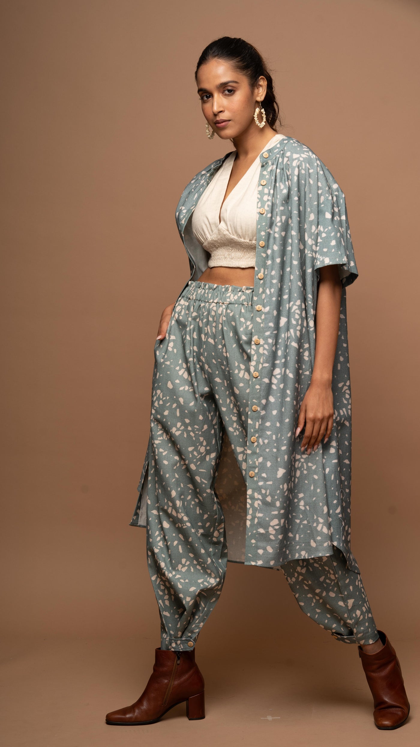 Dark Sage Zest Co-ord Pants Set in Terrazzo Love Pattern