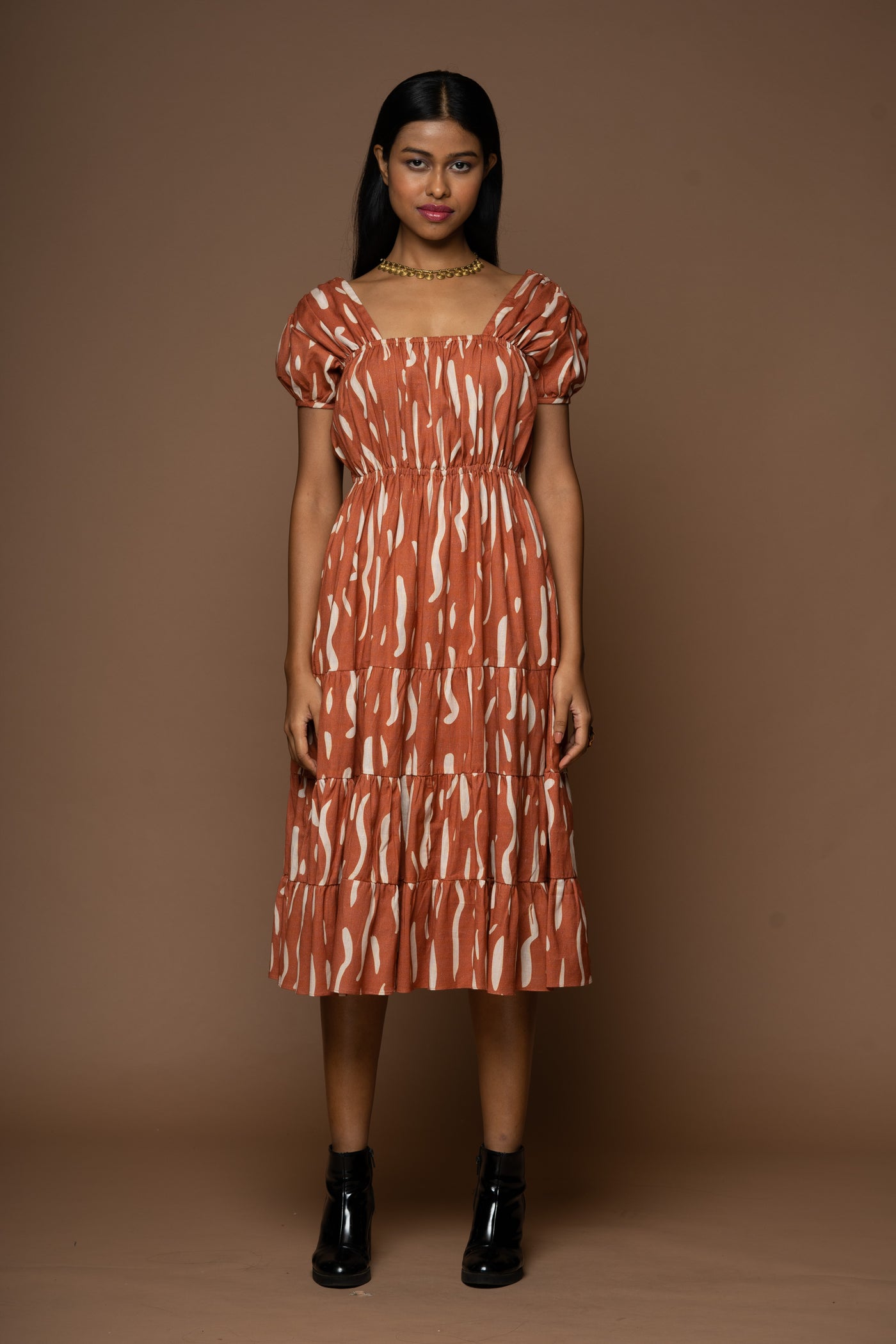 Ruffled Radiance Midi Dress in Gentle Smoke Squiggles Pattern