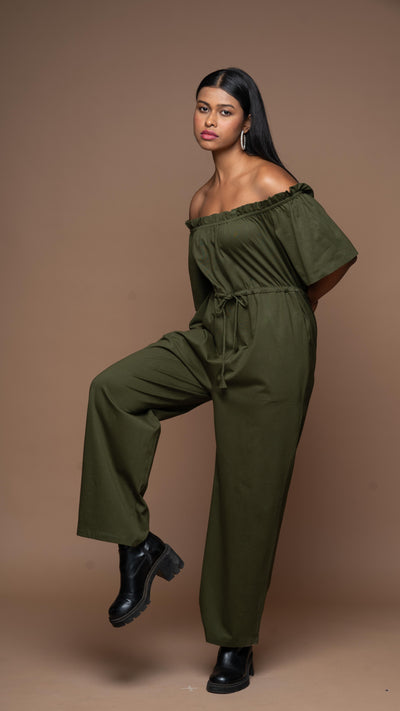 Off-Shoulder Charm Jumpsuit in Olive Green