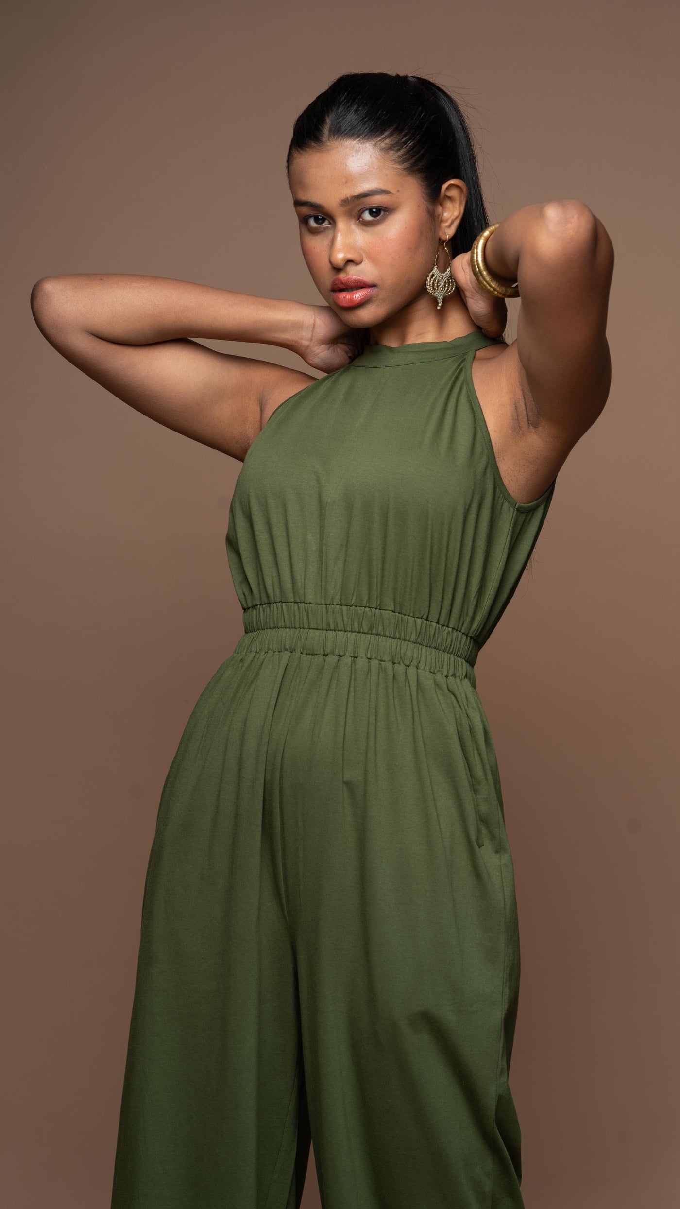 Glam Halter Jumpsuit in Olive Green