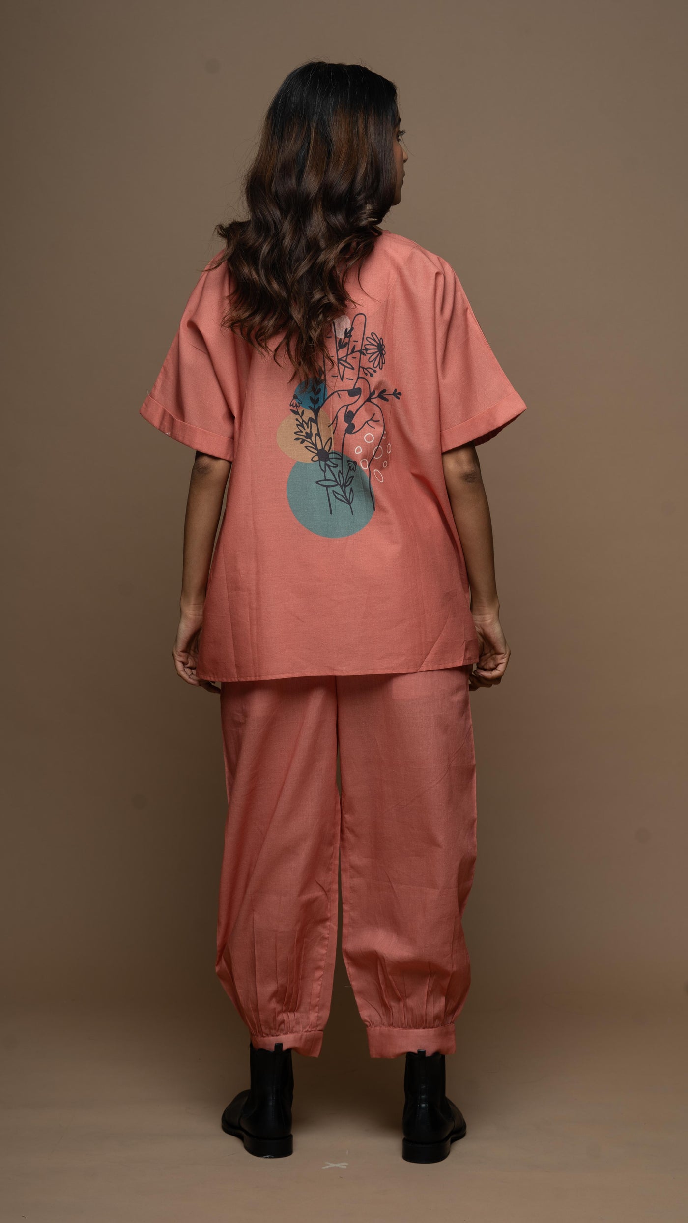 Subtle Coral Peace Messenger: Co-ord Pants Set