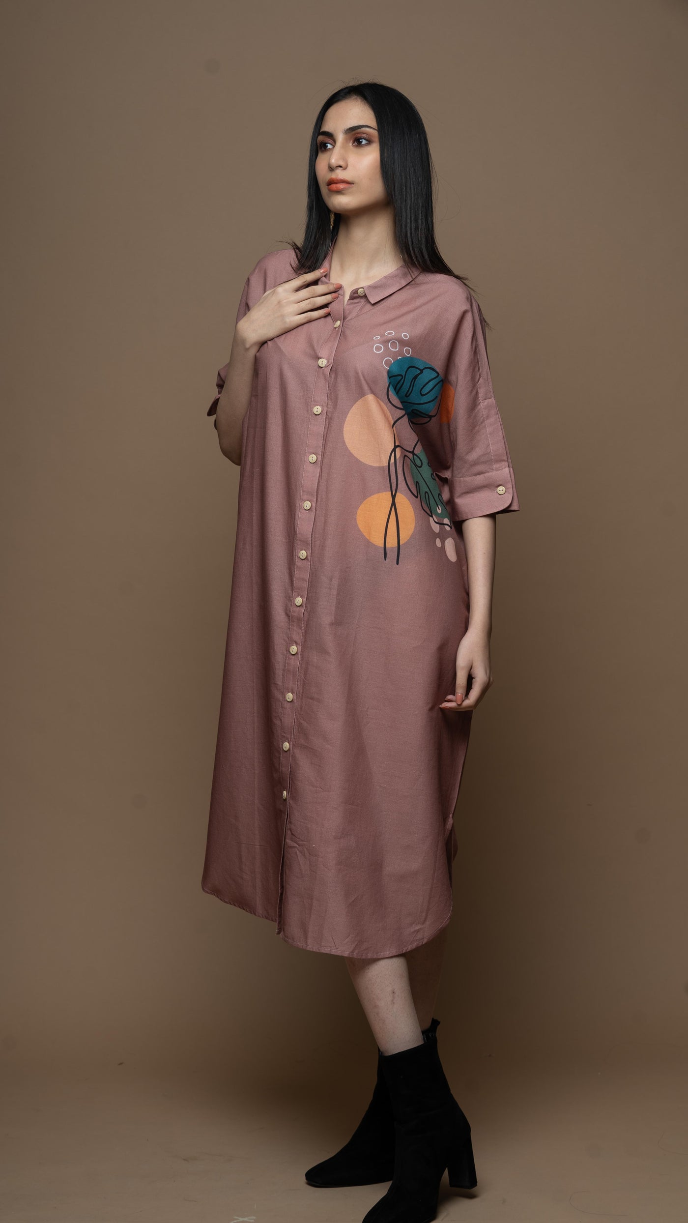 Muted Mauve Leafy Loft Shirt Dress