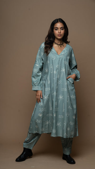 Sage Sana Co-ord Kurta Set in Sound of the sea shells Pattern