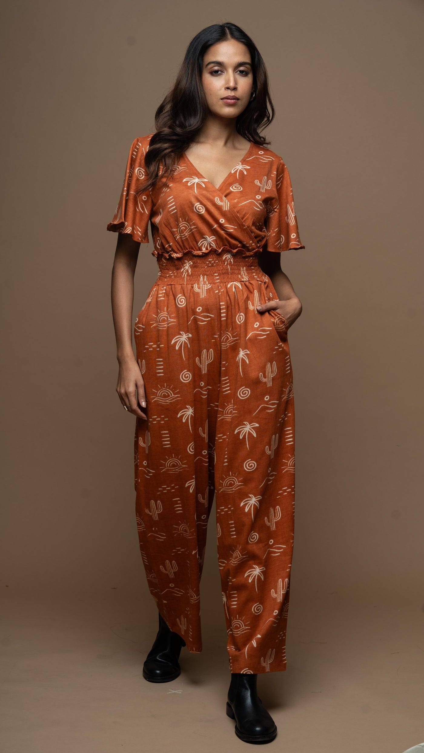 Chic Crossover Jumpsuit in Siesta in the desert Pattern