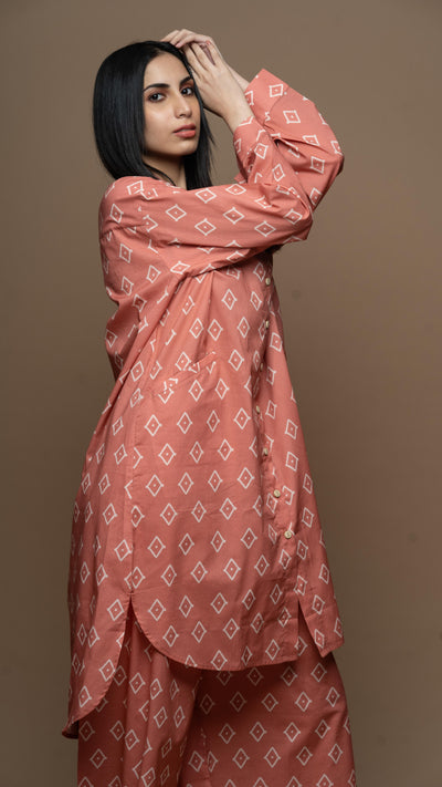 Rose Gold Liora Co-ord Kurta Set in True Gem Pattern