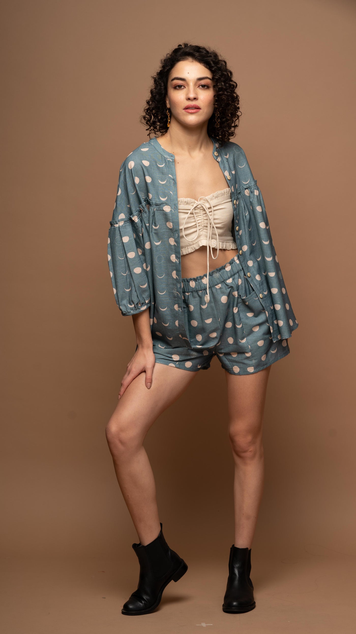 Muted Blue Tranquil Co-ord Shorts Set in I will be back Pattern