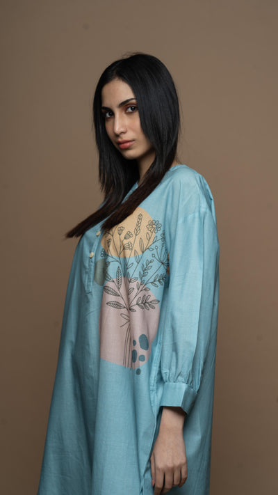 Soft Blue Silhouette Garden Shirt Dress