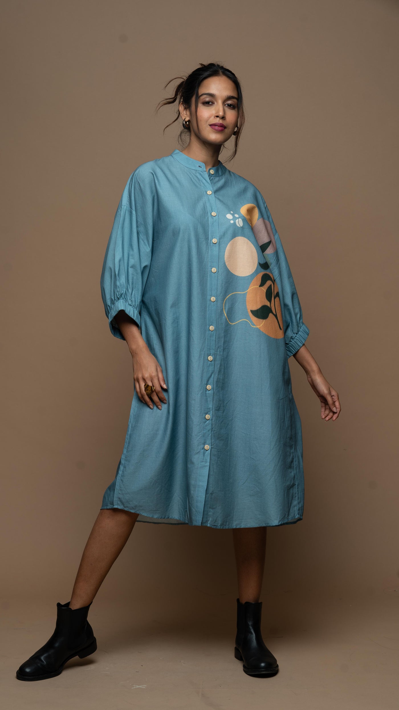 Dusky Blue Mystic Leaf Shirt Dress