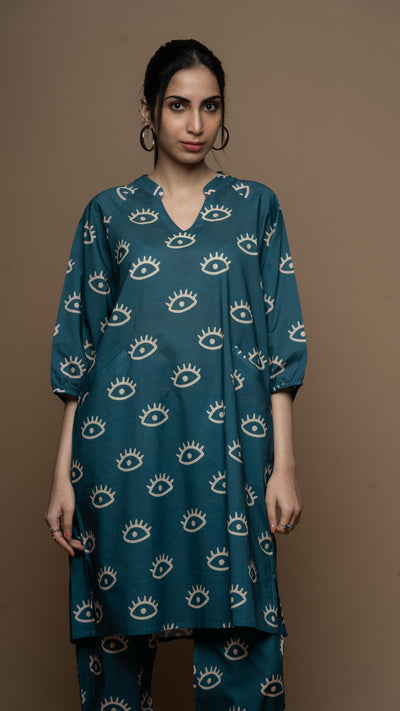 Muted Blue Saara Co-ord Kurta Set in See the Sea Pattern