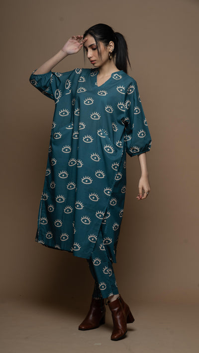 Muted Blue Saara Co-ord Kurta Set in See the Sea Pattern
