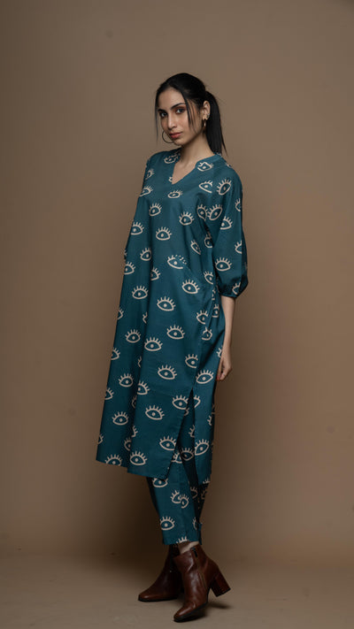 Muted Blue Saara Co-ord Kurta Set in See the Sea Pattern
