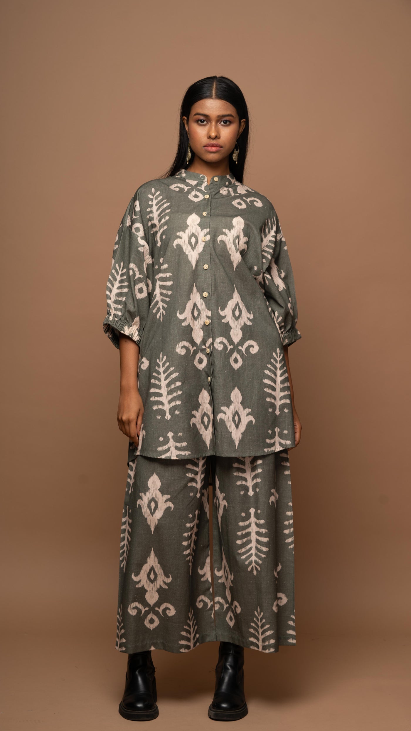 Olive Green Harmony Co-ord Pants Set in Bohemian Reflection Pattern