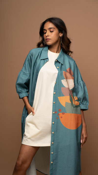 Muted Blue Semicircle Stacks Shirt Dress