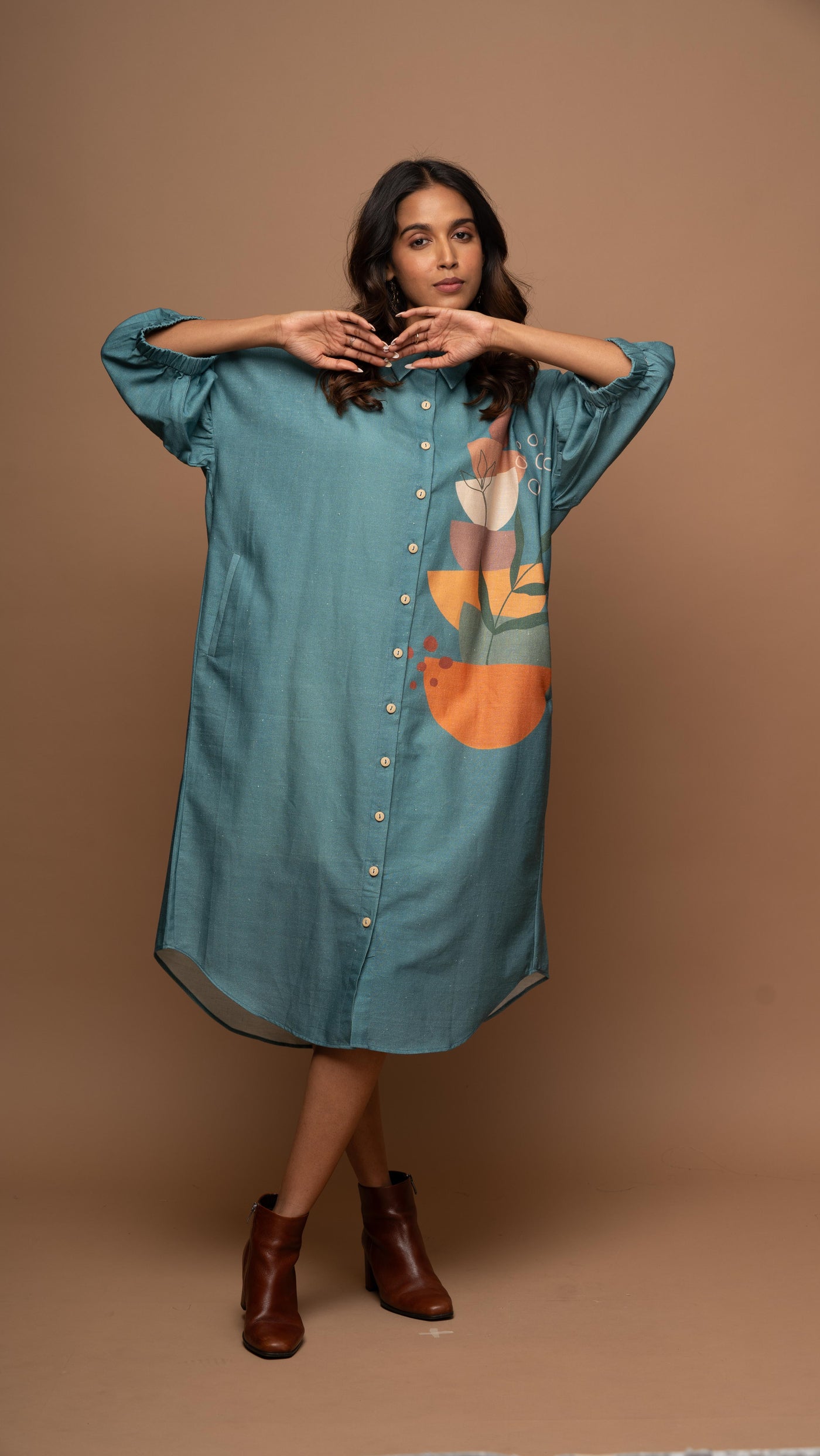 Muted Blue Semicircle Stacks Shirt Dress