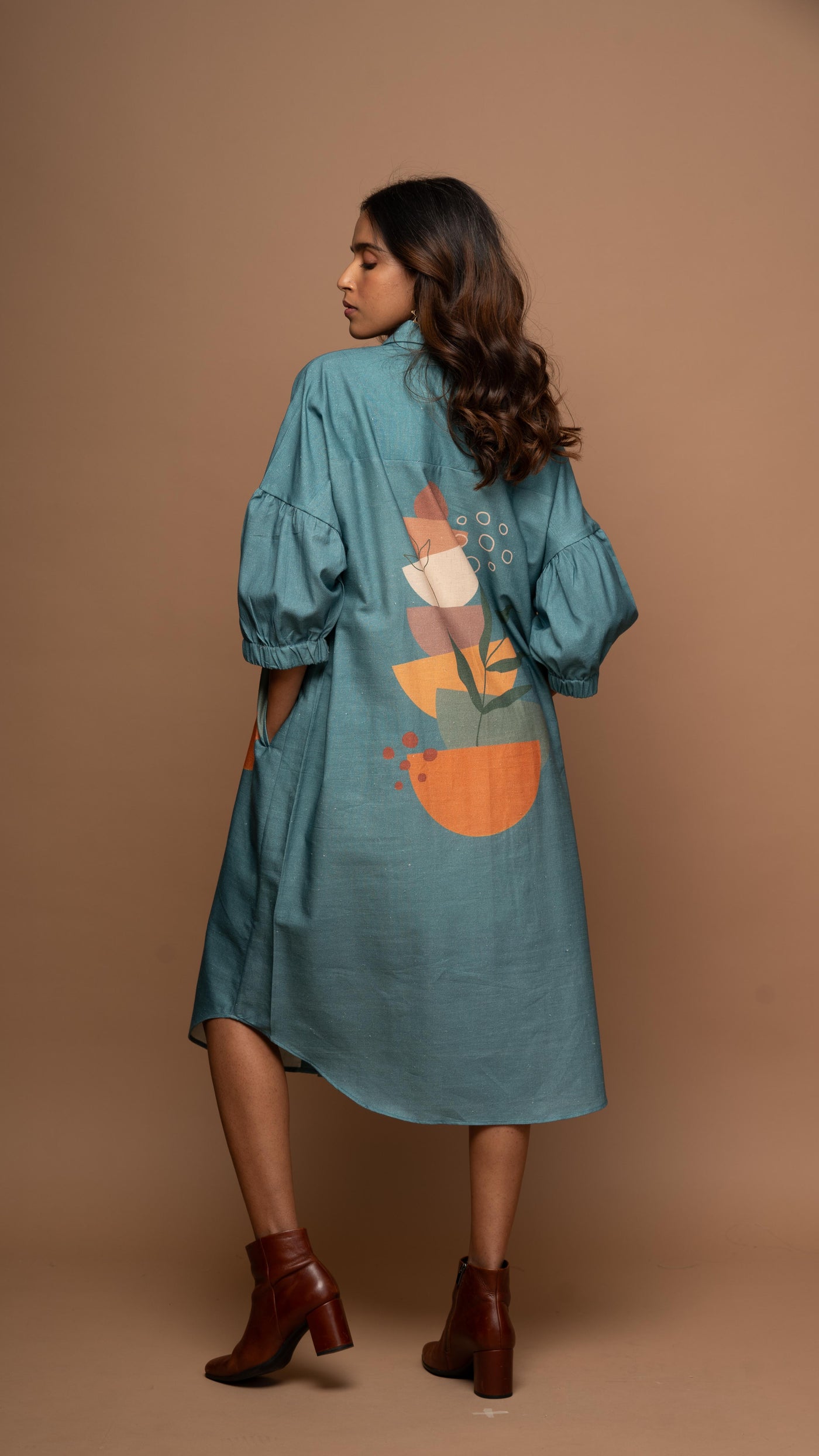 Muted Blue Semicircle Stacks Shirt Dress