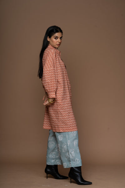 Terracotta Saga Kurta in Zig Zag and Back Pattern