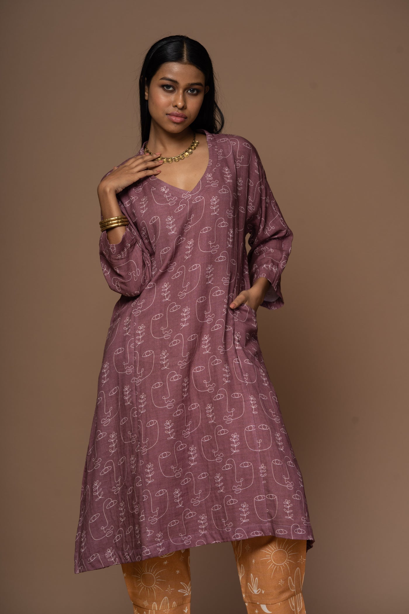 Mauve Lana Kurta in Growing thoughts Pattern