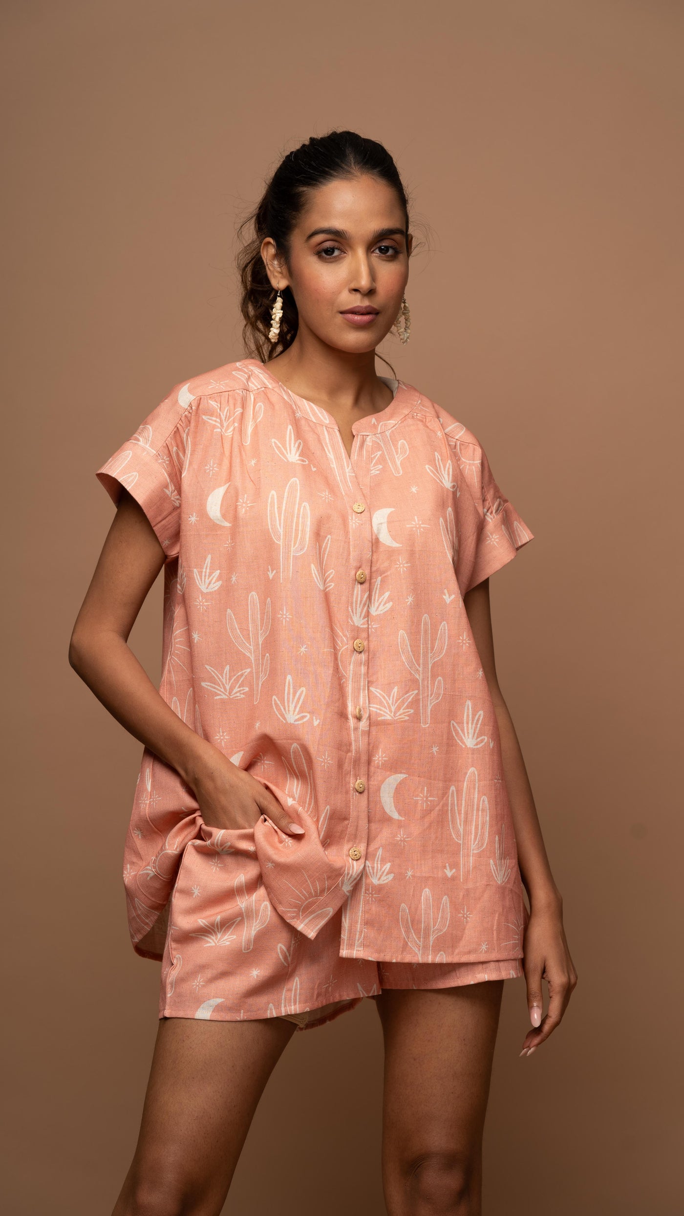 Peach Tranquil Co-ord Shorts Set in Siesta in the desert Pattern