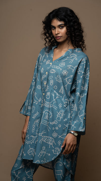Muted Blue Myra Co-ord Kurta Set in In our cave Pattern