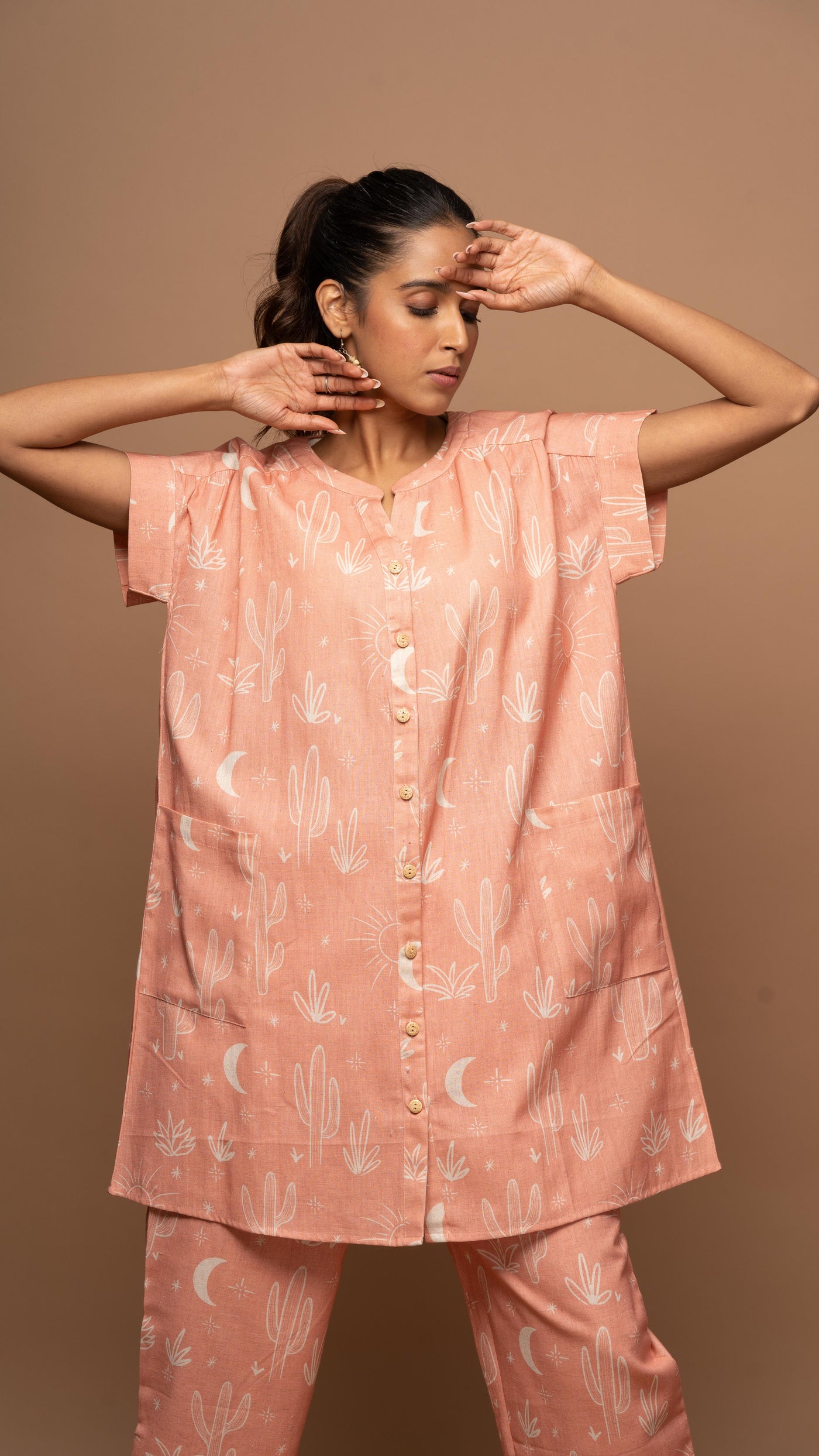 Peach Tranquil Co-ord Pants Set in Siesta in the desert Pattern