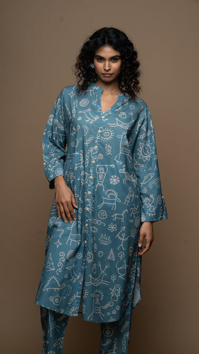 Muted Blue Myra Co-ord Kurta Set in In our cave Pattern