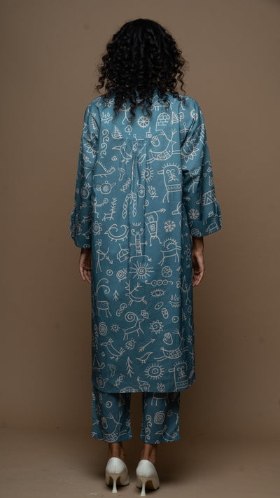 Muted Blue Myra Co-ord Kurta Set in In our cave Pattern