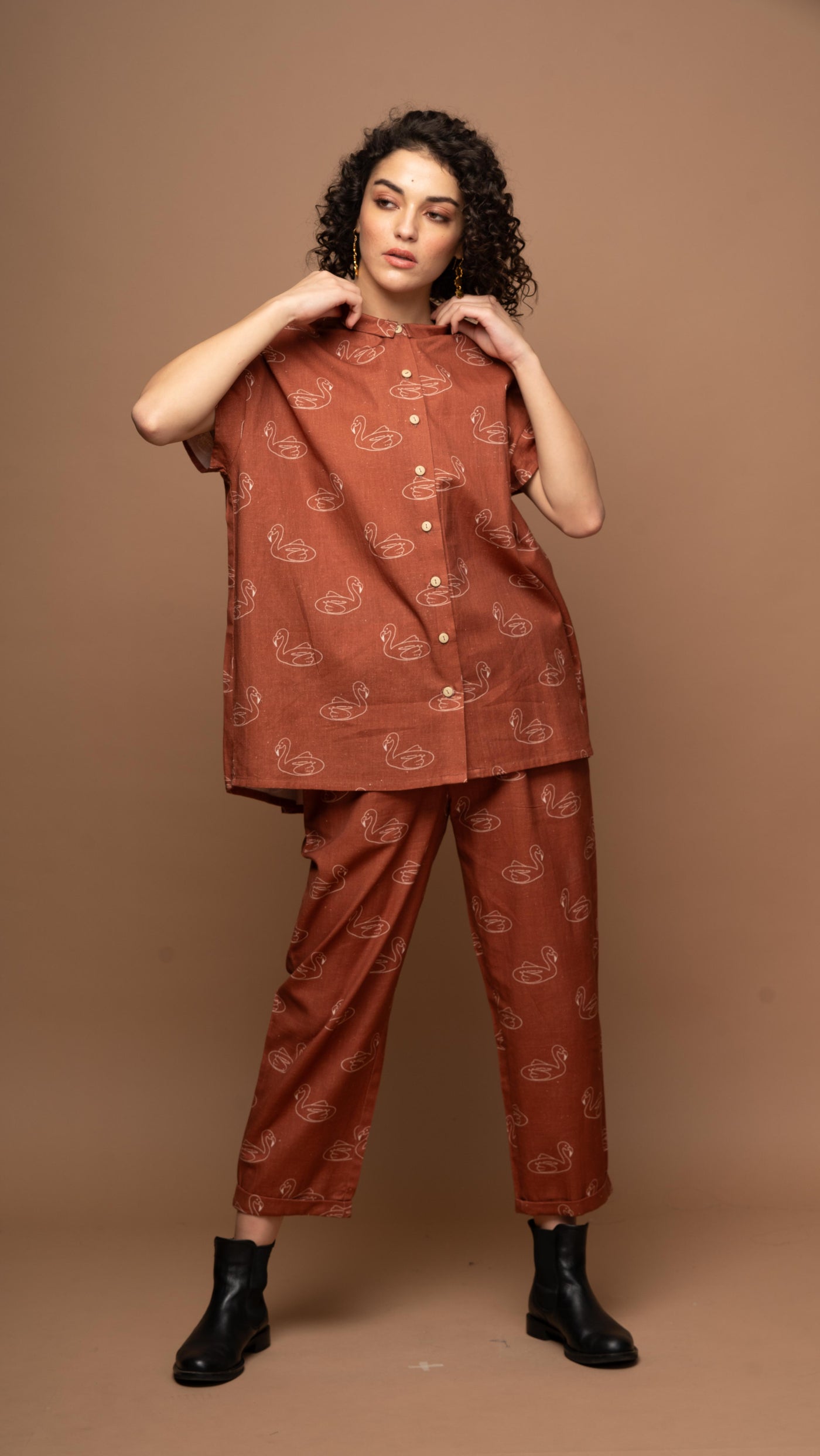 Deep Rust Serene Co-ord Pants Set in Keep Floating Pattern