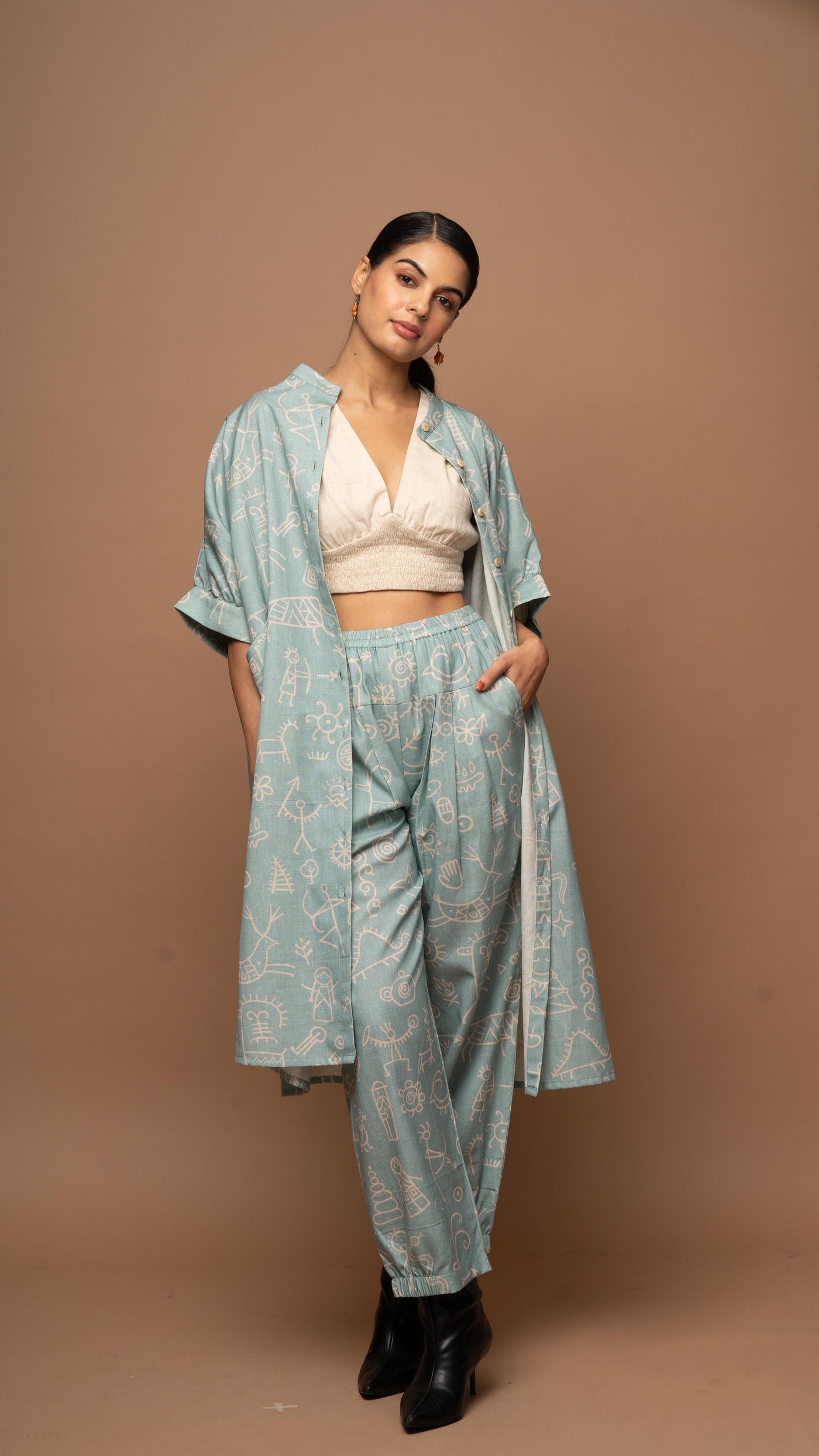 Dusty Blue Bliss Co-ord Pants Set in In our cave Pattern