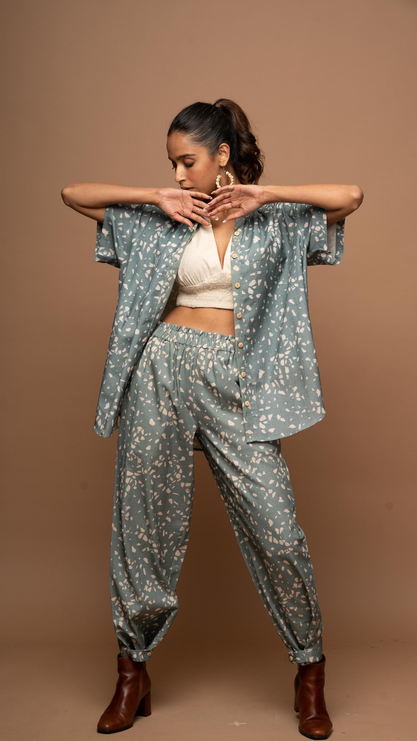 Dark Sage Zest Co-ord Pants Set in Terrazzo Love Pattern