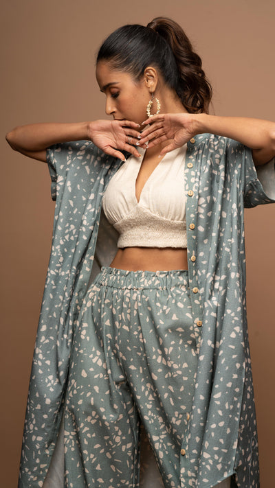 Dark Sage Zest Co-ord Pants Set in Terrazzo Love Pattern