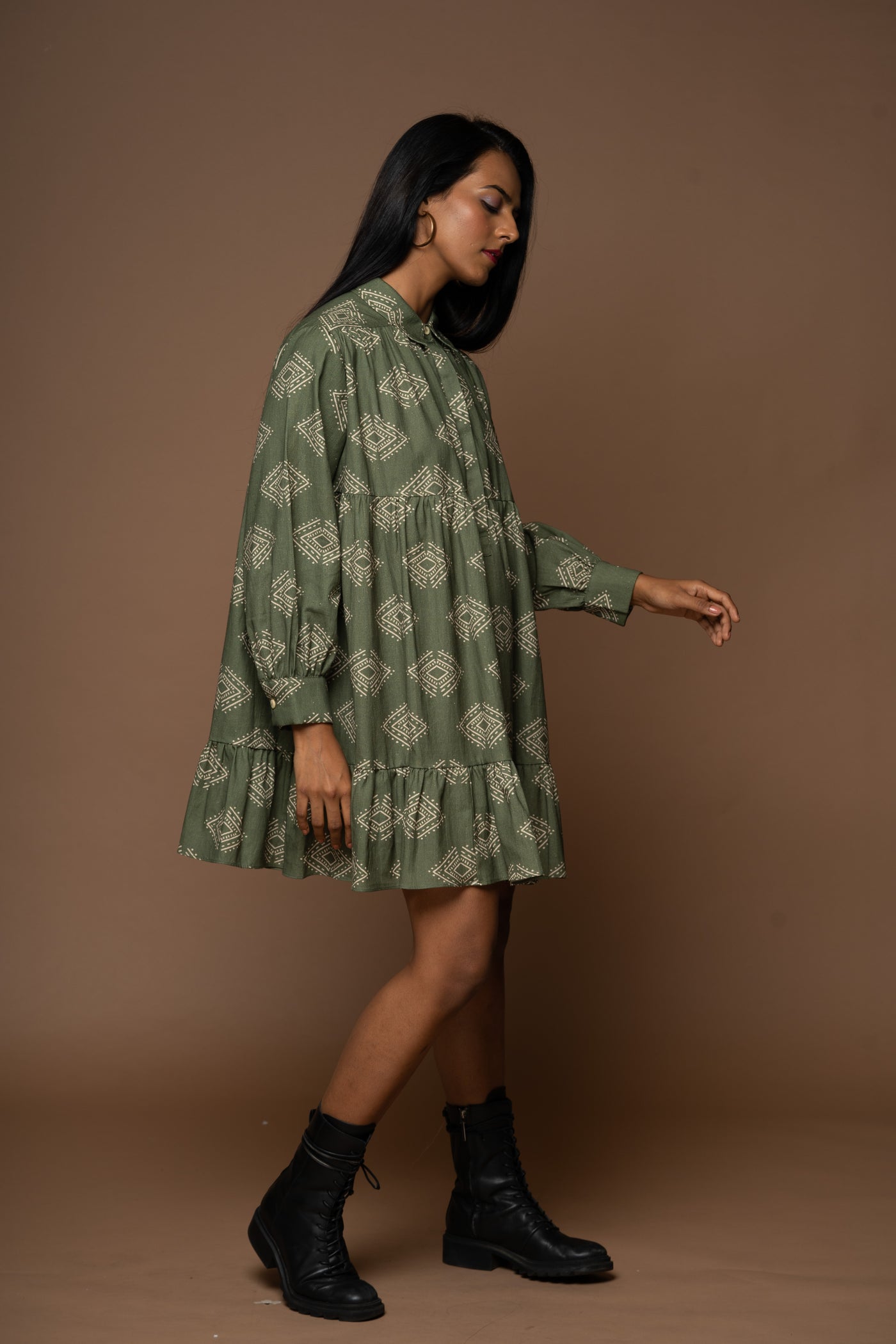 Collar Craze Short Boho Shirt Dress in Diamonds of Bohemia Pattern