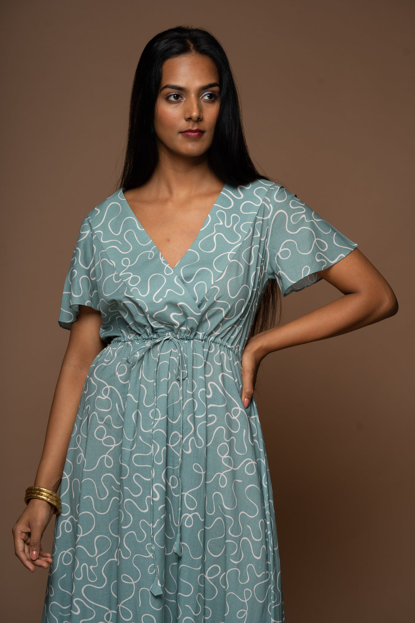 Voyage V-Neck Long Maxi Dress in Music from the room Squiggles Pattern