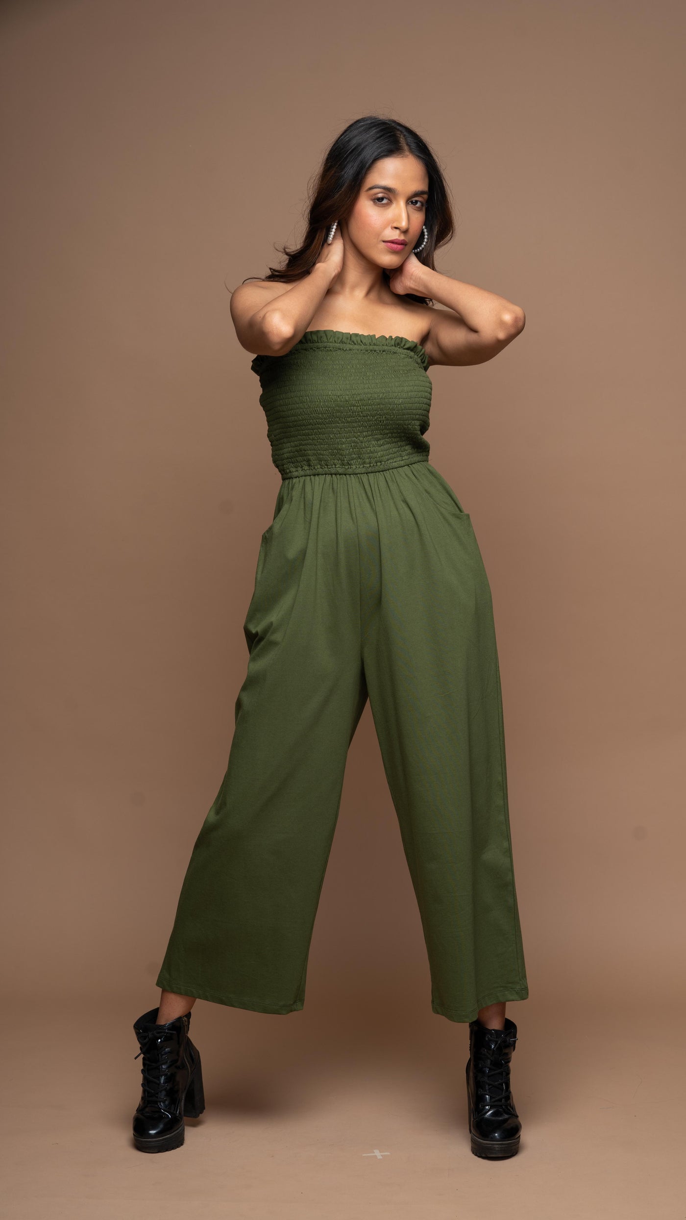 Strapless Vibe Jumpsuit in Olive Green