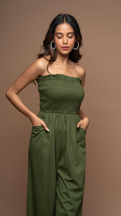 Strapless Vibe Jumpsuit in Olive Green