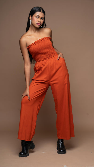 Strapless Vibe Jumpsuit in Rust