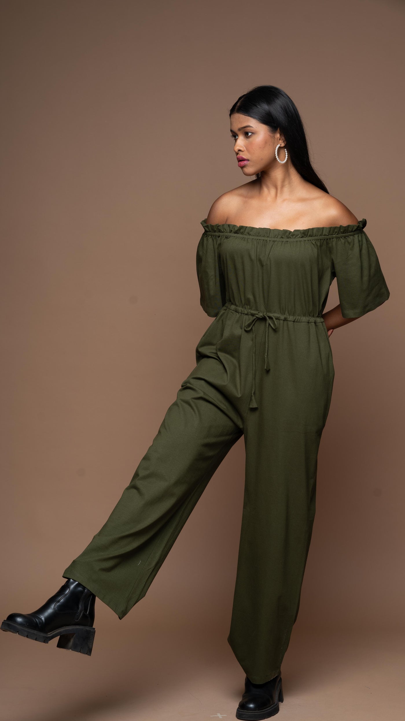 Off-Shoulder Charm Jumpsuit in Olive Green