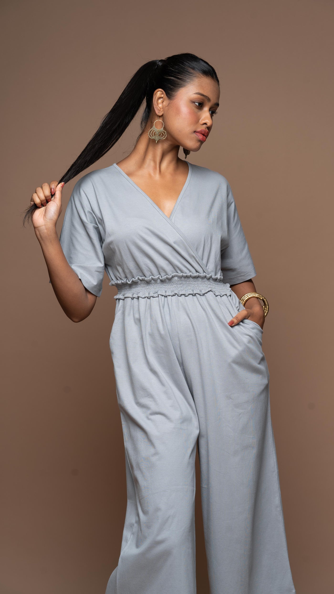 Crossover Charm Jumpsuit in Gray Blue